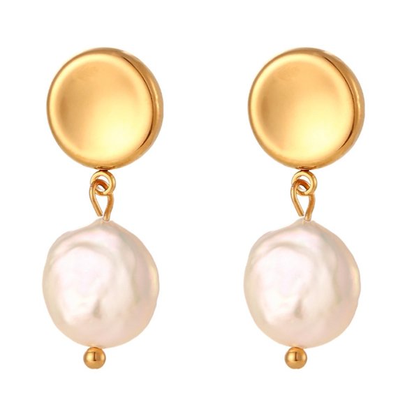 Boutique Jewelry - 18K Gold Plated Round Stud Fresh Water Pearl Drop Earrings Stainless Steel